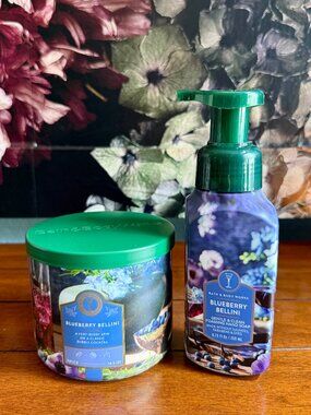 NEW 2-PC BLUEBERRY BELLINI 3-Wick Candle & Foaming Hand Soap Bath & Body Works